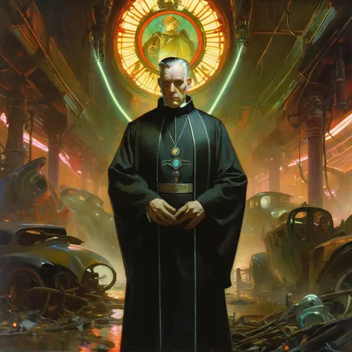 Prompt: An ominous and gloomy 

Priest 
in the  middle of a doomed junkyard

full of hanging hoses and multicolored neon circuitry glowing in the  darkness

, a stunning Alphonse Mucha's masterpiece in <mymodel> sci-fi retro-futuristic  art deco artstyle by Anders Zorn and Joseph Christian Leyendecker

, neat and clear tangents full of negative space 

, a dramatic lighting with detailed shadows and highlights enhancing depth of perspective and 3D volumetric drawing

, a  vibrant and colorful high quality digital  painting in HDR