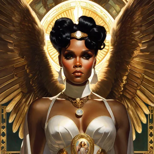 Prompt: A beautiful close-up portrait 

of the curvy and lustful Janelle Monae 

as an  ominous fierceful holy angel with a luminous angelic halo on top of her head shedding 
 a glowing light in the  darkness

, a stunning Alphonse Mucha's masterpiece in <mymodel> barroque rococo artstyle by Anders Zorn and Joseph Christian Leyendecker

, neat and clear tangents full of negative space 

, a dramatic lighting with detailed shadows and highlights enhancing depth of perspective and 3D volumetric drawing

, a  vibrant and colorful high quality digital  painting in HDR