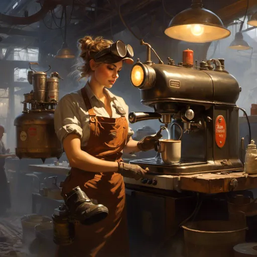 Prompt: A <mymodel> concept art landscape

of a cute curvy and muscly female mechanic tinkerer artificer fixing a coffee machine


, a stunning alejandro burdisio masterpiece in post-apocalyptic sci-fi dieselpunk artstyle by Anders Zorn and Joseph Christian Leyendecker 

, neat and clear tangents full of negative space 

, ominous dramatic lighting with detailed shadows and highlights enhancing depth of perspective and 3D volumetric drawing

, colorful vibrant painting in HDR with shiny shimmering reflections