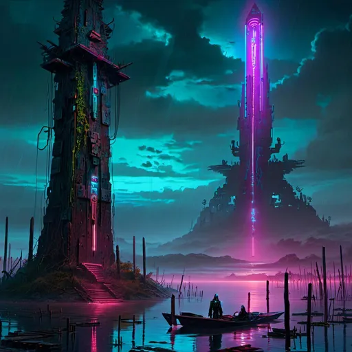 Prompt: An ominous and towering obelisk floating in the middle of a gloomy flooded mangroove 

full  of multicolored neon circuitry glowing in the darkness 

, a stunning John Avon's masterpiece in <mymodel>  sci-fi cyberpunk artstyle by Brian Mashburn and Gustave Dore

, a  dramatic lighting with detailed shadows and highlights enhancing perspective depth  and 3D volumetric drawing 

, vibrant and colorful digital painting in HDR  