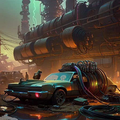 Prompt: An ominous and gloomy junkyard full of hoses with multicolored neon circuitry glowing in the darkness

, a stunning Alphonse Mucha's masterpiece in <mymodel> sci-fi retro-futuristic  artstyle by Anders Zorn and Joseph Christian Leyendecker

, neat and clear tangents full of negative space 

, a dramatic lighting with detailed shadows and highlights enhancing depth of perspective and 3D volumetric drawing

, a  vibrant and colorful high quality digital  painting in HDR