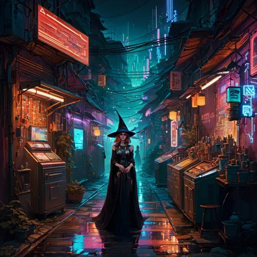 Prompt: A <mymodel> landscape artwork of a witch  

 in the middle  
of a gloomy alley

full of multicolored neon circuit board patterns glowing in the darkness

, a stunning Alphonse Mucha's masterpiece in  sci-fi retro-futuristic art deco artstyle by Anders Zorn and Joseph Christian Leyendecker

, neat and clear tangents full of negative space 

, ominous dramatic lighting with detailed shadows and highlights enhancing depth of perspective and 3D volumetric drawing

, a  vibrant and colorful high quality digital  painting in HDR