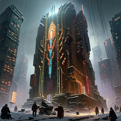 Prompt: A threatening sinister monolith 
full of multicolored circuitry carvings shedding flaring volumetric light shafts in the darkness of gloomy snowy thundra engulfed by a snowstorm 

, a stunning John Avon masterpiece in <mymodel> retro-futuristic sci-fi arc deco artstyle by Anders Zorn and Joseph Christian Leyendecker 

, neat and clear tangents full of negative space 

, ominous dramatic lighting with detailed shadows and highlights enhancing depth of perspective and 3D volumetric drawing

, colorful vibrant painting in HDR with shiny shimmering reflections