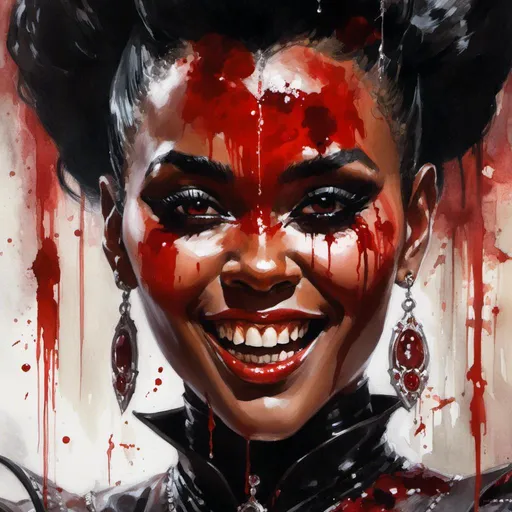 Prompt: A close-up portrait of janelle monae as a threatening  lustful vampire queen making a malicious silly smile fully covered by gory oozing blood  

, a stunning Luis Royo masterpiece in <mymodel> gothic horror artstyle by Anders Zorn and Joseph Christian Leyendecker 

, neat and clear tangents full of negative space 

, ominous dramatic lighting with detailed shadows and highlights enhancing depth of perspective and 3D volumetric drawing

, colorful vibrant painting in HDR