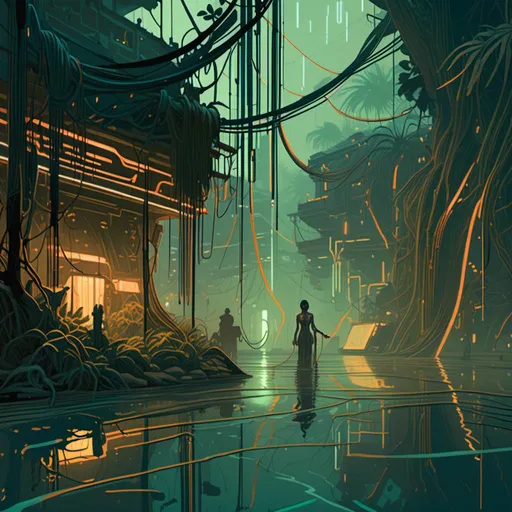 Prompt: An ominous and gloomy 

jungle 
in the  middle of a doomed flooded mangroove

full of hanging hoses and multicolored neon circuitry glowing in the  darkness

, a stunning Alphonse Mucha's masterpiece in <mymodel> sci-fi retro-futuristic  art deco artstyle by Anders Zorn and Joseph Christian Leyendecker

, neat and clear tangents full of negative space 

, a dramatic lighting with detailed shadows and highlights enhancing depth of perspective and 3D volumetric drawing

, a  vibrant and colorful high quality digital  painting in HDR