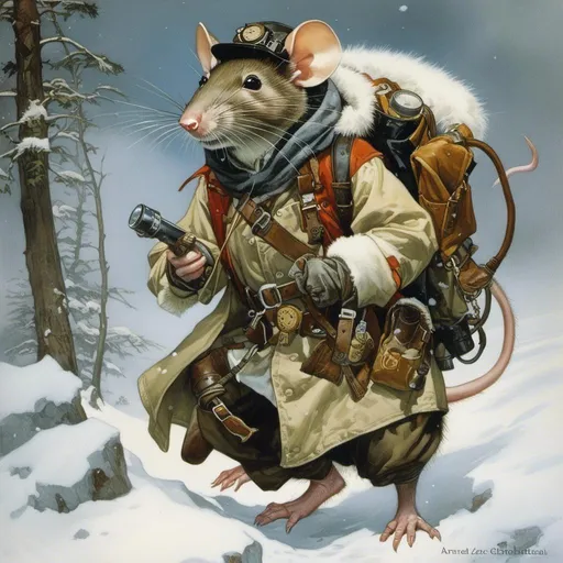 Prompt: A medieval anthropomorphic  

rat

tinkerer artificer

wearing an artic explorer outfit  with adventuring gear full of pockets and harness holster belts

in the middle  of a  snowstorm

, a stunning Alphonse Mucha's masterpiece in <mymodel> sci-fi fantasy  artstyle by Anders Zorn and Joseph Christian Leyendecker

, neat and clear tangents full of negative space 

, a dramatic lighting with detailed shadows and highlights enhancing depth of perspective and 3D volumetric drawing

, a  vibrant and colorful high quality digital  painting in HDR