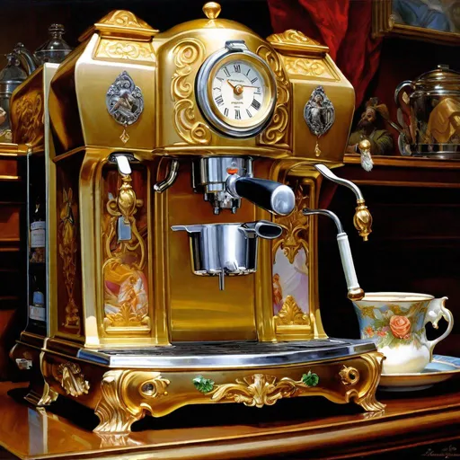 Prompt: A holy coffee machine

, a stunning Donato Giancola's masterpiece in <mymodel> barroque rococo artstyle by Anders Zorn and Joseph Christian Leyendecker

, neat and clear tangents full of negative space 

, a dramatic lighting with detailed shadows and highlights enhancing depth of perspective and 3D volumetric drawing

, a  vibrant and colorful high quality digital  painting in HDR