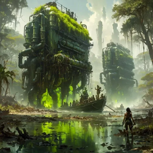 Prompt: A <mymodel> a concept environment ar landscape  

of a gloomy and somber mangrove swamp

with a monolith ark 

full oozing green glass tanks 

shedding flaring volumetric light shafts throughout the darkness 

of a threatening noxious toxic wasteland 

, a stunning Donato Giancola masterpiece in post-apocalyptic sci-fi dieselpunk artstyle by Anders Zorn and Joseph Christian Leyendecker 

, neat and clear tangents full of negative space 

, ominous dramatic lighting with detailed shadows and highlights enhancing depth of perspective and 3D volumetric drawing

, colorful vibrant painting in HDR with shiny shimmering reflections