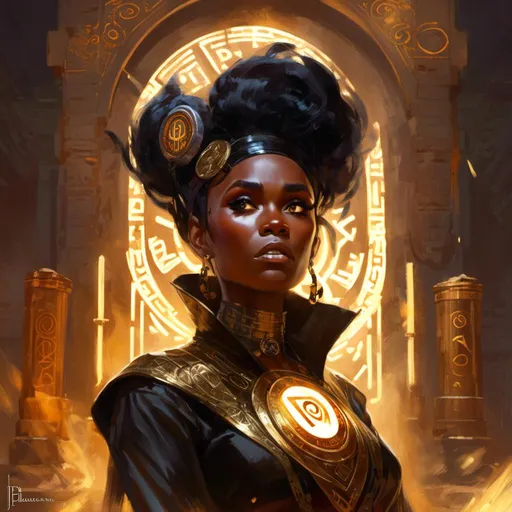 Prompt: A <mymodel> concept character design portrait of  Janelle  Monae with her face fully carved by glowing runes  and  glyphs shedding flaring volumetric light  shafts throughout the darkness of a  gloomy sanctuary  while making a serious angry face 

, a stunning Donato Giancola masterpiece in fantasy nouveau artstyle by Anders Zorn and Joseph Christian Leyendecker 

, neat and clear tangents full of negative space 

, ominous dramatic lighting with macabre somber shadows and highlights enhancing depth of perspective and 3D volumetric drawing

, colorful vibrant painting in HDR with shiny shimmering reflections and intricate detailed ambient occlusion
