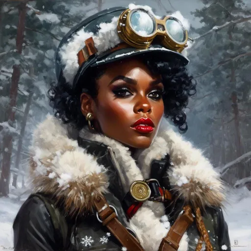 Prompt: A portrait of  Janelle Monae as an atompunk  artic explorer full of snowflakes  in  the middle of  a battlefield with a  heavy snowstorm 

, a stunning Donato Giancola's masterpiece in <mymodel> Dieselpunk artstyle by Anders Zorn and Joseph Christian Leyendecker

, neat and clear tangents full of negative space 

, a dramatic lighting with detailed shadows and highlights enhancing depth of perspective and 3D volumetric drawing

, a  vibrant and colorful high quality digital  painting in HDR