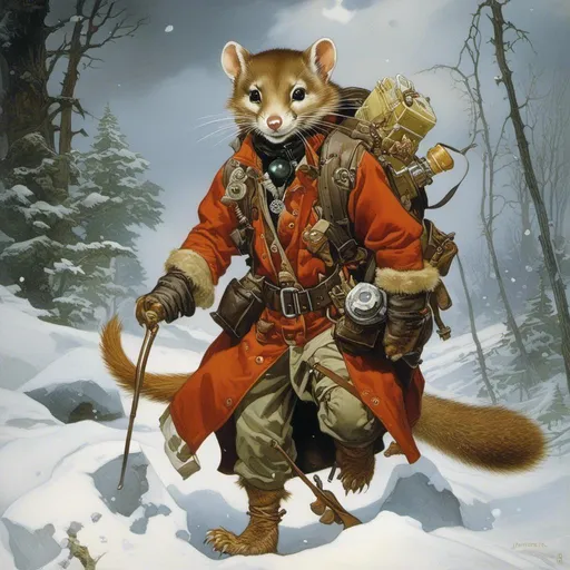 Prompt: A medieval anthropomorphic  

Weasel

tinkerer artificer

wearing an artic explorer outfit  with adventuring gear full of pockets and harness holster belts

in the middle  of a  snowstorm

, a stunning Alphonse Mucha's masterpiece in <mymodel> fantasy  artstyle by Anders Zorn and Joseph Christian Leyendecker

, neat and clear tangents full of negative space 

, a dramatic lighting with detailed shadows and highlights enhancing depth of perspective and 3D volumetric drawing

, a  vibrant and colorful high quality digital  painting in HDR
