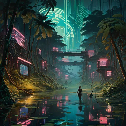 Prompt: A <mymodel> landscape artwork of ominous and gloomy 

jungle

full of multicolored neon circuit board patterns glowing in the darkness


of a flooded swamp



, a stunning Alphonse Mucha's masterpiece in  sci-fi retro-futuristic art deco artstyle by Anders Zorn and Joseph Christian Leyendecker

, neat and clear tangents full of negative space 

, a dramatic lighting with detailed shadows and highlights enhancing depth of perspective and 3D volumetric drawing

, a  vibrant and colorful high quality digital  painting in HDR