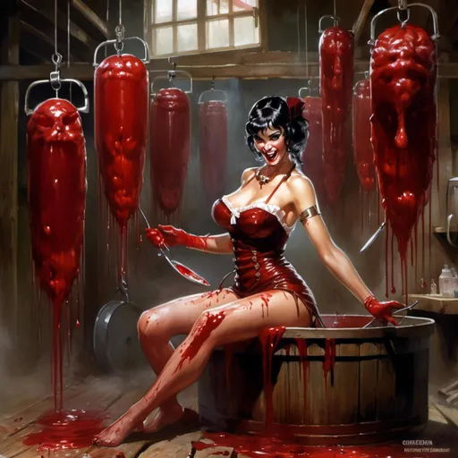 Prompt: Concept art illustration

of a beautiful luxurious pin-up 

making a malicious silly face

while taking hemodialysis 

in the middle 
of her gloomy barn

full of medical blood bag stands with oozing blood and hanging blood tubings

, a stunning Luis Royo masterpiece in <mymodel> art deco horror artstyle by Anders Zorn and Joseph Christian Leyendecker 

, neat and clear tangents full of negative space 

, ominous dramatic lighting with detailed shadows and highlights enhancing depth of perspective and 3D volumetric drawing

, colorful vibrant painting in HDR