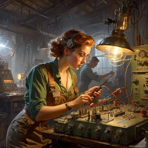 Prompt: The <mymodel> concept art 

of a muscly and curvy electrician engineer fixing an oscilloscope full of fuses and vintage radio valves with arcing lightnings on her misty and gloomy workshop


, a stunning Donato Giancola masterpiece in retro-futuristic dieselpunk artstyle by Anders Zorn and Joseph Christian Leyendecker 

, neat and clear tangents full of negative space 

, ominous dramatic lighting with macabre somber shadows and highlights enhancing depth of perspective and 3D volumetric drawing

, colorful vibrant painting in HDR with shiny shimmering reflections and intricate detailed ambient occlusion