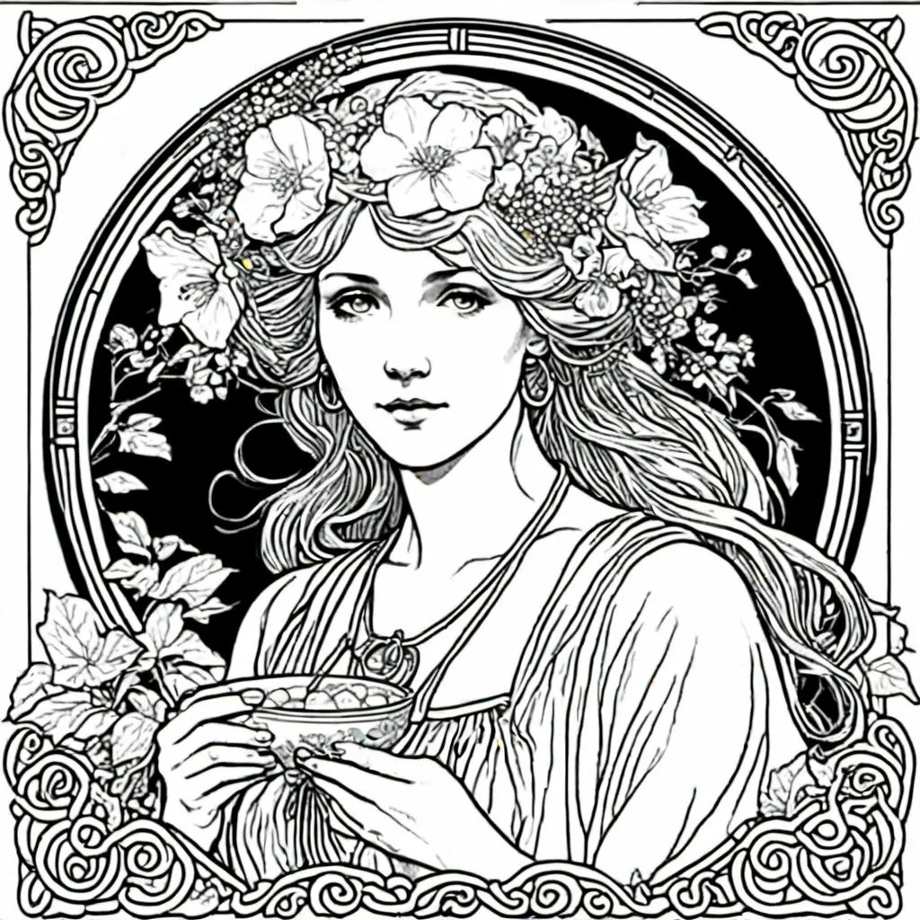 Prompt: A  herbalist 

, a stunning Alphonse Mucha's vector graphics <mymodel> masterpiece in simple black and white coloring book art

, neat and clean composition of perfect geometrical shapes with sharp precisely stabilized lineart 

, neat and clear tangents ful of negative   space