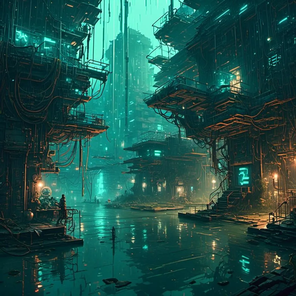 Prompt: A flooded mangroove 

, a stunning John Avon's masterpiece in <mymodel>  sci-fi cyberpunk artstyle 