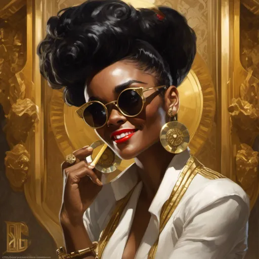 Prompt: A <mymodel> a concept character design portrait of janelle monae as  an african swindler pin-up with round sunglasses making a malicious silly smile in the middle of a gloomy and somber unlit room

, a stunning Donato Giancola masterpiece in brutal vintage art deco artstyle by Anders Zorn and Joseph Christian Leyendecker 

, neat and clear tangents full of negative space 

, ominous dramatic lighting with detailed shadows and highlights enhancing depth of perspective and 3D volumetric drawing

, colorful vibrant painting in HDR with shiny shimmering reflections