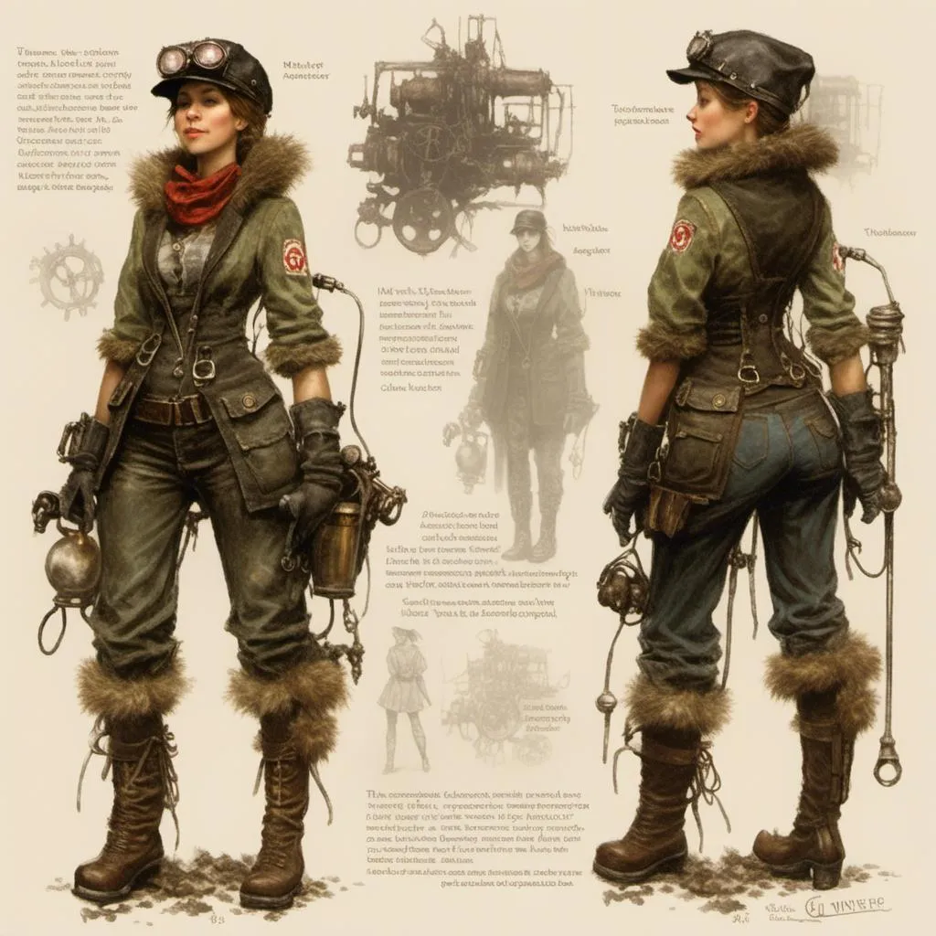 Prompt: A <mymodel> turnaround reference sheet for the concept  character design  of a female  mechanic   tinkerer for and  artical exploration

, a stunning Donato Giancola's masterpiece by Anders Zorn and  Joseph Christian Leyendecker