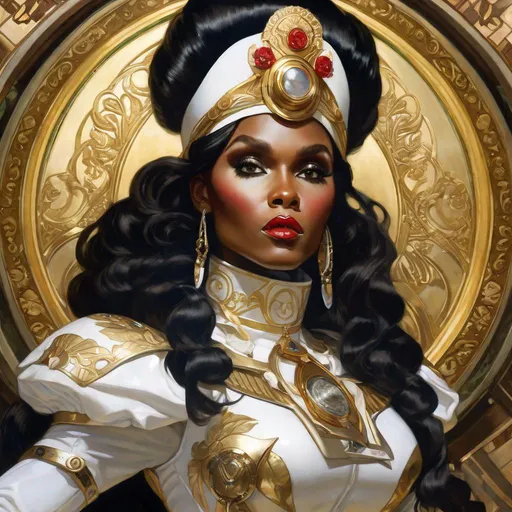 Prompt: A beautiful close-up portrait 

of the curvy and lustful Janelle Monae 

as a  ominous fierceful holy valkyrie in white lustrous armor fully ornated and carved in gold


, a stunning Alphonse Mucha's masterpiece in <mymodel> barroque rococo artstyle by Anders Zorn and Joseph Christian Leyendecker

, neat and clear tangents full of negative space 

, a dramatic lighting with detailed shadows and highlights enhancing depth of perspective and 3D volumetric drawing

, a  vibrant and colorful high quality digital  painting in HDR