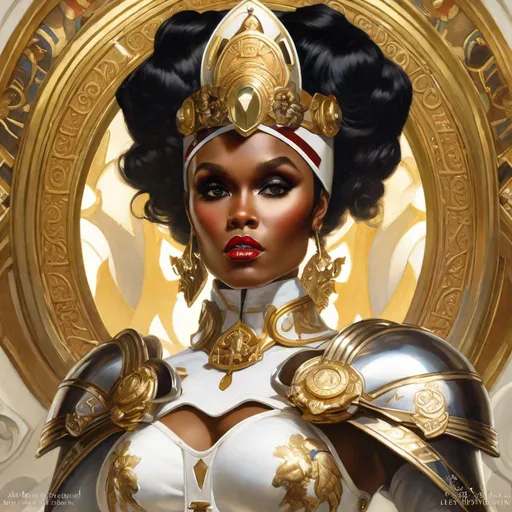 Prompt: A beautiful close-up portrait 

of the curvy and lustful Janelle Monae 

as a  ominous fierceful holy valkyrie in white lustrous armor fully ornated and carved in gold


, a stunning Alphonse Mucha's masterpiece in <mymodel> barroque rococo artstyle by Anders Zorn and Joseph Christian Leyendecker

, neat and clear tangents full of negative space 

, a dramatic lighting with detailed shadows and highlights enhancing depth of perspective and 3D volumetric drawing

, a  vibrant and colorful high quality digital  painting in HDR