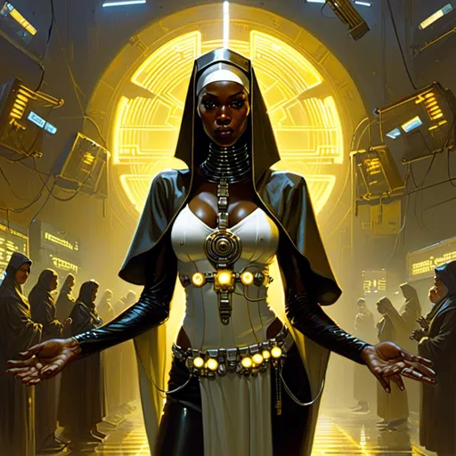 Prompt: An gloomy threatening 

african pin-up nun 

in the middle of a doomed sinister wasteland full of neon circuitry  glowing in the darkness 

, a stunning Donato Giancola's masterpiece in <mymodel> sci-fi retro-futuristic  art deco artstyle by Anders Zorn and Joseph Christian Leyendecker

, neat and clear tangents full of negative space 

, ominous and  dramatic lighting with detailed shadows and highlights enhancing depth of perspective and 3D volumetric drawing

, a  vibrant and colorful high quality digital  painting in HDR