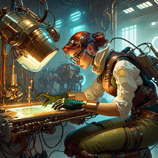 Prompt: A nerdy tinkerer artificer fixing a robot

, a stunning Alphonse Mucha's masterpiece in <mymodel> sci-fi cyberpunk artstyle by Anders Zorn and Joseph Christian Leyendecker

, neat and clear tangents full of negative space 

, detailed dramatic lighting with contrasting shadows and highlights enhancing depth of perspective and 3D volumetric drawing

, a  vibrant and colorful high quality digital  painting in HDR