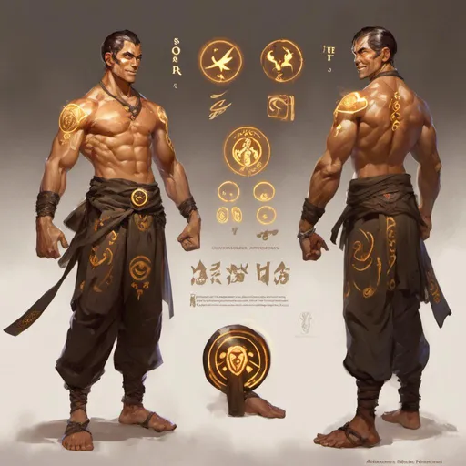 Prompt: A <mymodel> concept character design reference sheet 

of a muscly martial arts monk flexing his muscles fully carved by glowing magical runes and glyphs with an intimidating  smile 

, a stunning Alphonse  Mucha masterpiece in fantasy nouveau artstyle by Anders Zorn and Joseph Christian Leyendecker 

, neat and clear tangents full of negative space 

, ominous dramatic lighting with macabre somber shadows and highlights enhancing depth of perspective and 3D volumetric drawing

, colorful vibrant painting in HDR with shiny shimmering reflections and intricate detailed ambient occlusion