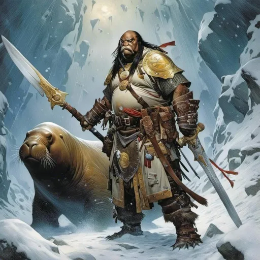 Prompt: A <mymodel> full body portrait for the concept character design of 

an anthropomorphic walrus
paladin crossing a  snowy  thundra in  the middle  of a  snowstorm

, a stunning Frank Frazetta masterpiece by  Donato  Giancola  and  Terese Nielsen

, neat and clean composition made of neat and clear tangents full of negative space 

, ominous dramatic lighting with detailed shadows and highlights enhancing depth of perspective and 3D volumetric drawing

, a vibrant and colorful painting in HDR