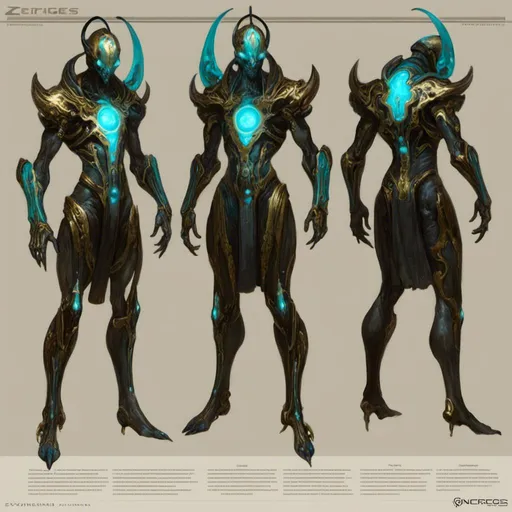 Prompt: A turnaround  reference sheet for the concept  character design of 

an ominous  and gloomy  <mymodel>  alien protoss warframe with cyan circuitry carvings glowing in the darkness

, a  stunning Giger's sci-fi masterpiece by Zdzislaw Beksinski and Peter Gric Leyendecker 

, neat and clear  tangents  full of negative space