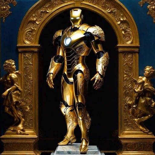 Prompt: A holy iron man made of a golden wrought iron full of delicate filigree and carvings with bluish light shedding in the darkness 

, a stunning Donato Giancola's masterpiece in <mymodel> barroque rococo artstyle by Anders Zorn and Joseph Christian Leyendecker

, neat and clear tangents full of negative space 

, a dramatic lighting with detailed shadows and highlights enhancing depth of perspective and 3D volumetric drawing

, a  vibrant and colorful high quality digital  painting in HDR