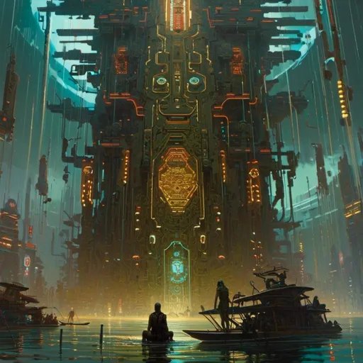 Prompt: A threatening towering monolith 
in the middle of a gloomy flooded mangroove with multicolored circuitry carvings shinning in the darkness 

, a stunning Donato Giancola masterpiece in <mymodel> retro-futuristic sci-fi arc deco artstyle by Anders Zorn and Joseph Christian Leyendecker 

, neat and clear tangents full of negative space 

, ominous dramatic lighting with detailed shadows and highlights enhancing depth of perspective and 3D volumetric drawing

, colorful vibrant painting in HDR with shiny shimmering reflections  and precise ambient occlusion