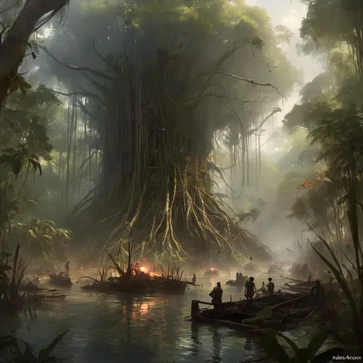 Prompt: A <mymodel> concept environment art landscape of 

the threatening sinister mangrove swamp 

with a monolith ark

full of multicolored circuitry carvings 

shedding flaring volumetric light shafts throughout the darkness of

a gloomy jungle full of hanging vines

, a stunning John Avon masterpiece in post-apocalyptic sci-fi dieselpunk artstyle by Anders Zorn and Joseph Christian Leyendecker 

, neat and clear tangents full of negative space 

, ominous dramatic lighting with detailed shadows and highlights enhancing depth of perspective and 3D volumetric drawing

, colorful vibrant painting in HDR with shiny shimmering reflections
