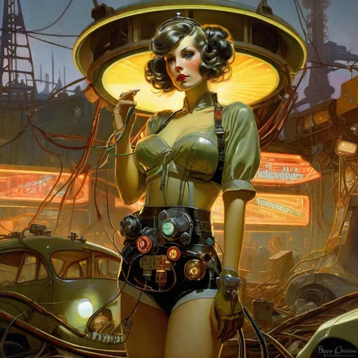 Prompt: An ominous and gloomy 

Atompunk electrician pin-up 
in the  middle of  a doomed junkyard

full of TV tubes with hanging 
 cables and multicolored neon circuitry glowing in the  darkness

, a stunning Alphonse Mucha's masterpiece in <mymodel> sci-fi retro-futuristic  art deco artstyle by Anders Zorn and Joseph Christian Leyendecker

, neat and clear tangents full of negative space 

, a dramatic lighting with detailed shadows and highlights enhancing depth of perspective and 3D volumetric drawing

, a  vibrant and colorful high quality digital  painting in HDR