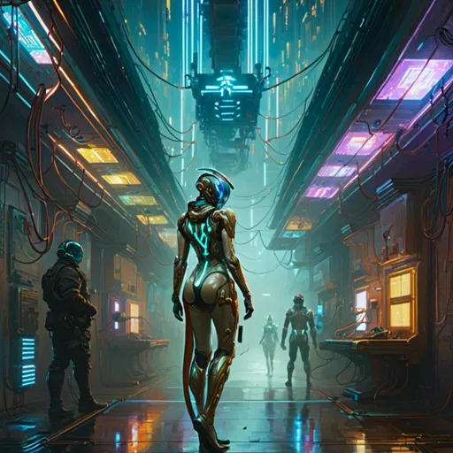 Prompt: A <mymodel> landscape artwork of a threatening  and somber warframe

crossing a foggy corridor

full of hanging hoses and multicolored neon circuit board patterns glowing in the darkness

, a stunning Donato Giancola's masterpiece in  sci-fi retro-futuristic art deco artstyle by Anders Zorn and Joseph Christian Leyendecker

, neat and clear tangents full of negative space 

, ominous dramatic lighting with detailed shadows and highlights enhancing depth of perspective and 3D volumetric drawing

, a  vibrant and colorful high quality digital  painting in HDR