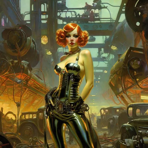 Prompt: An ominous and gloomy 

Atompunk pin-up
in the  middle of a doomed junkyard

full of hanging hoses and multicolored neon circuitry glowing in the  darkness

, a stunning Alphonse Mucha's masterpiece in <mymodel> sci-fi retro-futuristic  art deco artstyle by Anders Zorn and Joseph Christian Leyendecker

, neat and clear tangents full of negative space 

, a dramatic lighting with detailed shadows and highlights enhancing depth of perspective and 3D volumetric drawing

, a  vibrant and colorful high quality digital  painting in HDR