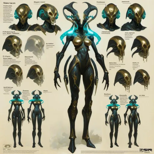 Prompt: A turnaround  reference sheet for the concept  character design of 

an ominous  and gloomy  <mymodel>  alien warframe with cyan circuitry carvings glowing in the darkness

, a  stunning Giger's sci-fi masterpiece by Zdzislaw Beksinski and Peter Gric Leyendecker 

, neat and clear  tangents  full of negative space