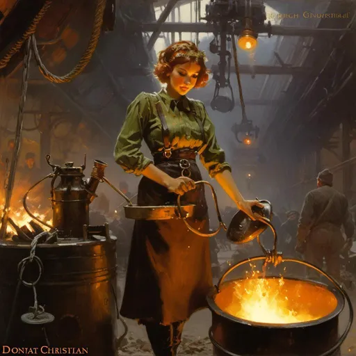 Prompt: An ominous and gloomy 

atompunk blacksmith pin-up
while pouring  a molten  metal cauldron 
glowing in the darkness 

of a doomed metal casting  furnace full of hanging hoses and cables

, a stunning Donato Giancola's masterpiece in <mymodel> sci-fi retro-futuristic  art deco artstyle by Anders Zorn and Joseph Christian Leyendecker

, neat and clear tangents full of negative space 

, a dramatic lighting with detailed shadows and highlights enhancing depth of perspective and 3D volumetric drawing

, a  vibrant and colorful high quality digital  painting in HDR