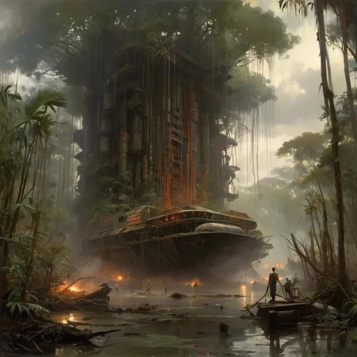 Prompt: A <mymodel> concept environment art landscape of 

the threatening sinister mangrove swamp 

with a monolith ark

full of multicolored circuitry carvings 

shedding flaring volumetric light shafts throughout the darkness of

a gloomy jungle engulfed by a rainstorm 

, a stunning John Avon masterpiece in post-apocalyptic sci-fi dieselpunk artstyle by Anders Zorn and Joseph Christian Leyendecker 

, neat and clear tangents full of negative space 

, ominous dramatic lighting with detailed shadows and highlights enhancing depth of perspective and 3D volumetric drawing

, colorful vibrant painting in HDR with shiny shimmering reflections