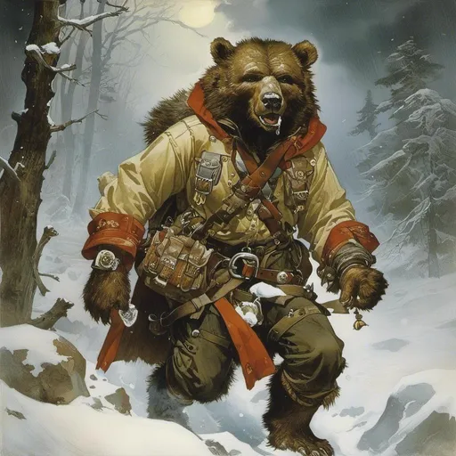 Prompt: A medieval anthropomorphic  werebear 

wearing an artic explorer outfit  with adventuring gear full of pockets and harness holster belts

in the middle  of a  snowstorm

, a stunning Alphonse Mucha's masterpiece in <mymodel> sci-fi fantasy  artstyle by Anders Zorn and Joseph Christian Leyendecker

, neat and clear tangents full of negative space 

, a dramatic lighting with detailed shadows and highlights enhancing depth of perspective and 3D volumetric drawing

, a  vibrant and colorful high quality digital  painting in HDR