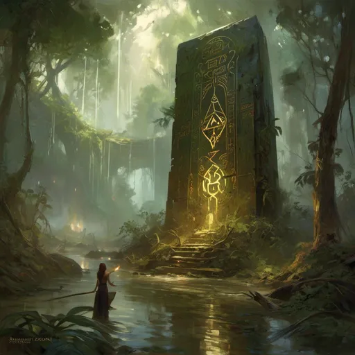 Prompt: A <mymodel> a concept environment art landscape 

of a gloomy and somber mangrove swamp 

with a towering magiccal arcane monolith ark full of carved glowing runes and glyphs

shedding flaring volumetric light shafts throughout the darkness 

of a threatening sinister jungle engulfed by a lightning rainstorm

, a stunning Alphonse  Mucha masterpiece in fantasy nouveau artstyle by Anders Zorn and Joseph Christian Leyendecker 

, neat and clear tangents full of negative space 

, ominous dramatic lighting with macabre somber shadows and highlights enhancing depth of perspective and 3D volumetric drawing

, colorful vibrant painting in HDR with shiny shimmering reflections and intricate detailed ambient occlusion
