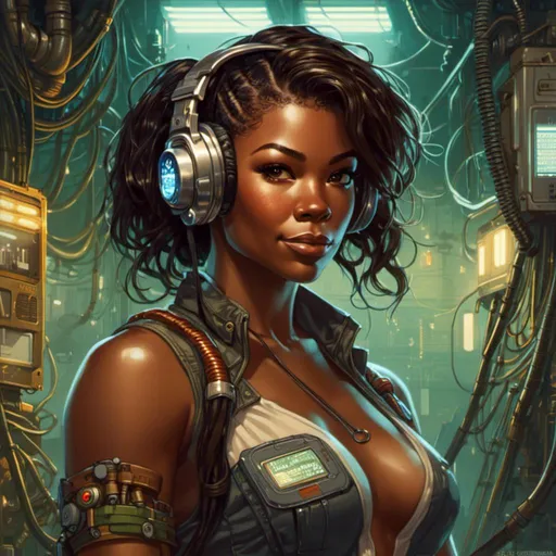 Prompt: A <mymodel> portrait artwork of 

Gabrielle Union

as a muscly stompunk mechanic pin-up 

in the middle of a gloomy jukyard 

full of hanging hoses and multicolored circuit board patterns  glowing in the  darkness 


, a stunning Alphonse Mucha's masterpiece in  sci-fi retro-futuristic art deco artstyle by Anders Zorn and Joseph Christian Leyendecker

, neat and clear tangents full of negative space 

, ominous dramatic lighting with detailed shadows and highlights enhancing depth of perspective and 3D volumetric drawing

, a  vibrant and colorful high quality digital  painting in HDR