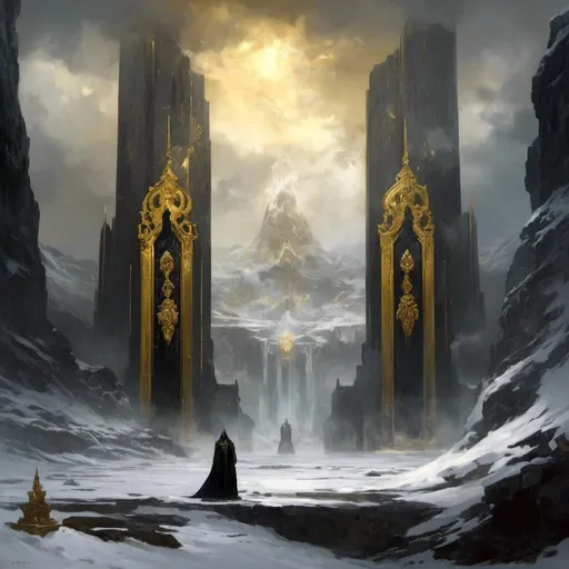 Prompt: A <mymodel> a concept environment art landscape  

of a gloomy and somber 
snowy thundra

with a lustrous towering monolith ark 

made of black marble and  golden ornaments 

with it's reflections shedding flaring volumetric light shafts throughout the darkness 

of a threatening sinister artic wasteland engulfed by a snowstorm

, a stunning Alphonse Mucha masterpiece in delicate barroque rococo artstyle by Anders Zorn and Joseph Christian Leyendecker 

, neat and clear tangents full of negative space 

, ominous dramatic lighting with detailed shadows and highlights enhancing depth of perspective and 3D volumetric drawing

, colorful vibrant painting in HDR with shiny shimmering reflections