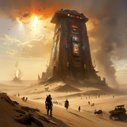 Prompt: A <mymodel> concept environment art landscape of 

the threatening sinister 
monolith ark

full of multicolored circuitry carvings 

shedding flaring volumetric light shafts throughout the darkness of

gloomy wasteland dunes engulfed by a sandstorm

, a stunning John Avon masterpiece in post-apocalyptic sci-fi dieselpunk artstyle by Anders Zorn and Joseph Christian Leyendecker 

, neat and clear tangents full of negative space 

, ominous dramatic lighting with detailed shadows and highlights enhancing depth of perspective and 3D volumetric drawing

, colorful vibrant painting in HDR with shiny shimmering reflections