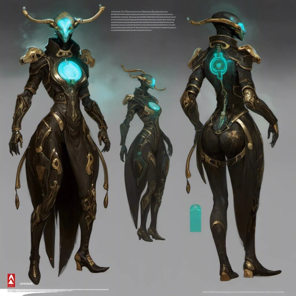 Prompt: A turnaround  reference sheet for the concept  character design of 

an ominous  and gloomy  <mymodel>  alien warframe with carved cyan circuitry glowing in the darkness

, a  stunning Peter Gric's sci-fi masterpiece by Anders  Zorn and Joseph Christian Leyendecker 

, neat and clear  tangents  full of negative space