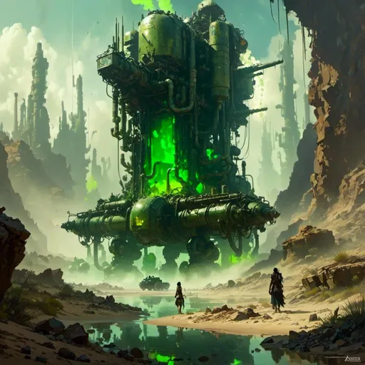 Prompt: A <mymodel> a concept environment art landscape  

of a gloomy and somber 
canyon

with a towering monolith ark 

full of oozing green glass tanks 

shedding flaring volumetric light shafts throughout the darkness 

of a threatening noxious toxic  wasteland desert  engulfed by a sandstorm

, a stunning Donato Giancola masterpiece in post-apocalyptic sci-fi dieselpunk artstyle by Anders Zorn and Joseph Christian Leyendecker 

, neat and clear tangents full of negative space 

, ominous dramatic lighting with detailed shadows and highlights enhancing depth of perspective and 3D volumetric drawing

, colorful vibrant painting in HDR with shiny shimmering reflections