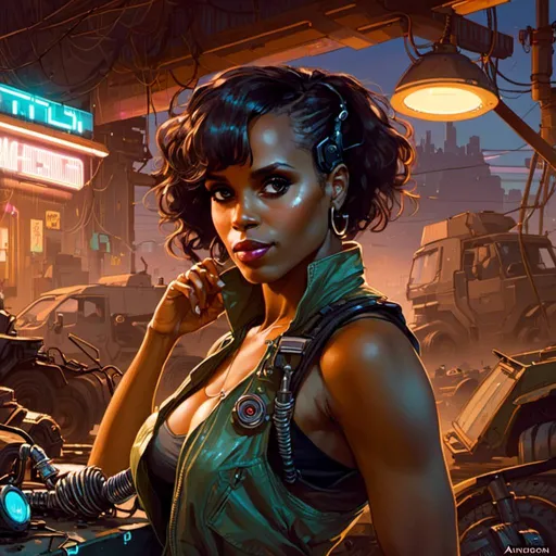 Prompt: A <mymodel> portrait artwork of 
Kerry Washington

as a muscly stompunk mechanic pin-up 

in the middle of a gloomy jukyard scrapyard 

full of multicolored neon circuitry glowing in the   darkness

, a stunning Alphonse Mucha's masterpiece in  sci-fi retro-futuristic art deco artstyle by Anders Zorn and Joseph Christian Leyendecker

, neat and clear tangents full of negative space 

, ominous dramatic lighting with detailed shadows and highlights enhancing depth of perspective and 3D volumetric drawing

, a  vibrant and colorful high quality digital  painting in HDR