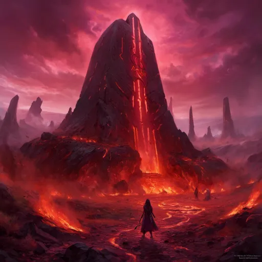 Prompt: A <mymodel> a concept environment art landscape 

of a gloomy and somber 
charred lava field

with a towering magical arcane monolith ark full of carved glowing runes and glyphs

shedding flaring volumetric light shafts throughout the darkness 

of a threatening sinister vulcanic wasteland engulfed by smoggy wildfire carbon clouds

, a stunning Alphonse  Mucha masterpiece in fantasy nouveau artstyle by Anders Zorn and Joseph Christian Leyendecker 

, neat and clear tangents full of negative space 

, ominous dramatic lighting with macabre somber shadows and highlights enhancing depth of perspective and 3D volumetric drawing

, colorful vibrant painting in HDR with shiny shimmering reflections and intricate detailed ambient occlusion