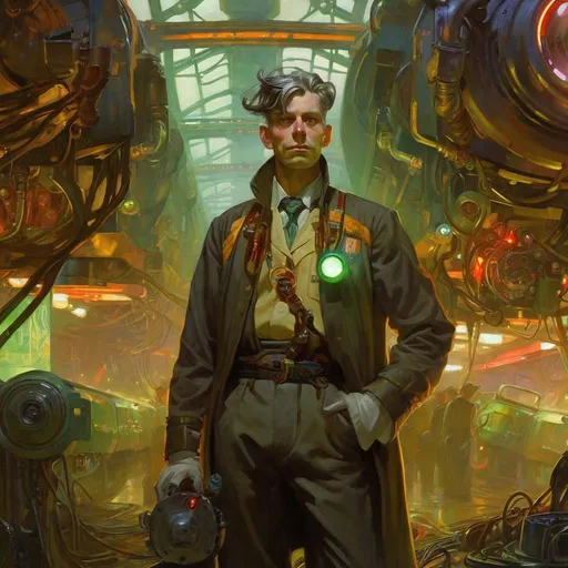 Prompt: An ominous and gloomy 

Tinkerer Artificer 
in the  middle of a doomed junkyard

full of hanging hoses and multicolored neon circuitry glowing in the  darkness

, a stunning Alphonse Mucha's masterpiece in <mymodel> sci-fi retro-futuristic  art deco artstyle by Anders Zorn and Joseph Christian Leyendecker

, neat and clear tangents full of negative space 

, a dramatic lighting with detailed shadows and highlights enhancing depth of perspective and 3D volumetric drawing

, a  vibrant and colorful high quality digital  painting in HDR