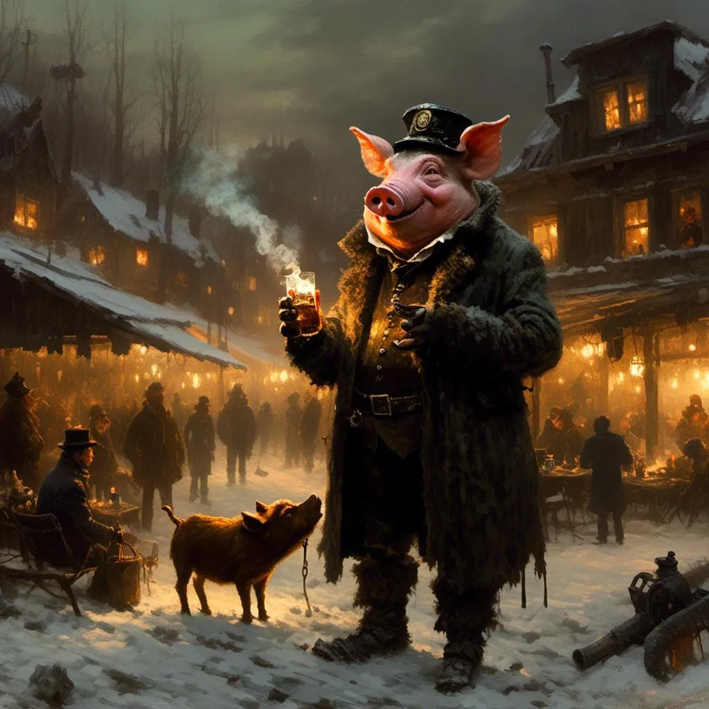 Prompt: A <mymodel> landscape picture 

of an ominous and gloomy 
anthropomorphic pig holding a scotch in one hand while smoking a glowing cigar 

in the darkness of  a doomed 
 junkyard full of hanging hoses

, a stunning Donato Giancola's masterpiece by Anders Zorn and  Joseph Christian Leyendecker

, dramatic lighting  with detailed shadows and highlights increasing depth of perspective and 3D volumetric drawing 