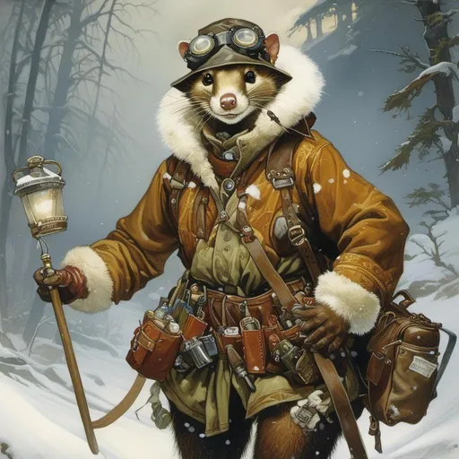 Prompt: A medieval anthropomorphic  

Weasel

tinkerer artificer

wearing an artic explorer outfit  with adventuring gear full of pockets and harness holster belts

in the middle  of a  snowstorm

, a stunning Alphonse Mucha's masterpiece in <mymodel> fantasy  artstyle by Anders Zorn and Joseph Christian Leyendecker

, neat and clear tangents full of negative space 

, a dramatic lighting with detailed shadows and highlights enhancing depth of perspective and 3D volumetric drawing

, a  vibrant and colorful high quality digital  painting in HDR